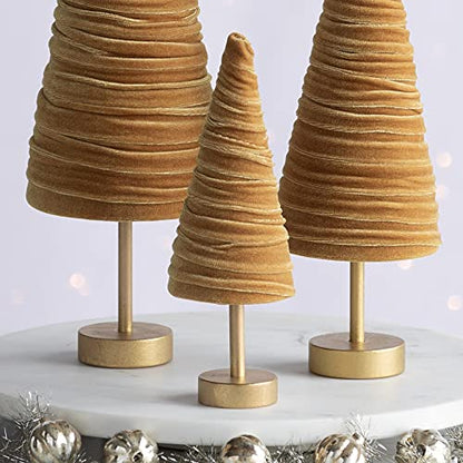 Gold Pedestal Velvet Trees Set of 3, Elegant Winter Accent Mantel, Valentine Tabletop, Sophisticated Wedding Centerpiece, Office Bookshelf, Cozy (Gold) - color: Gold