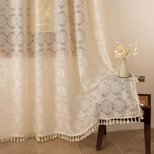 Sheer Boho Lace Curtains 72 Inches Long, Beige, Set of 2 Panels - color: Beige, size: 59"W x 72"L (Pack of 2)