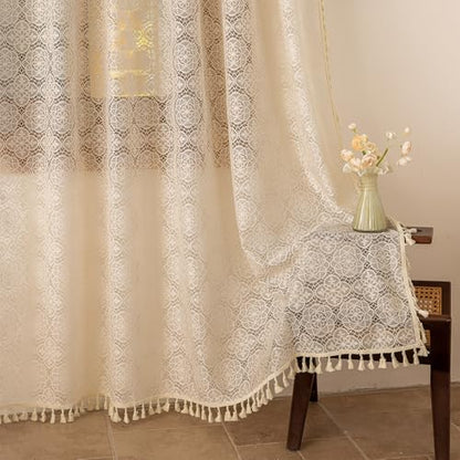 Sheer Boho Lace Curtains 72 Inches Long, Beige, Set of 2 Panels - color: Beige, size: 59"W x 72"L (Pack of 2)