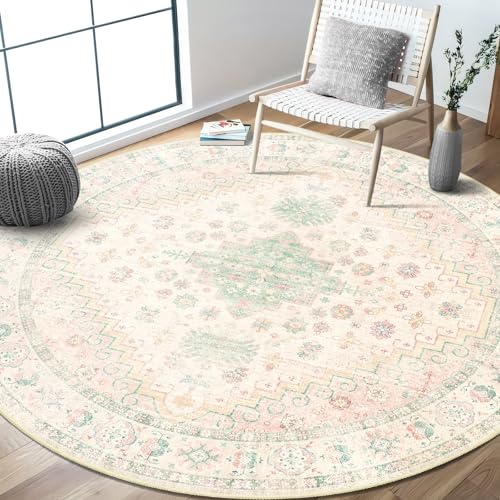 MUJOO Round Rugs 6ft Circle Area Rug Washable Boho Low Pile Pink and Green - color: Pink and Green, size: 6' (Round)