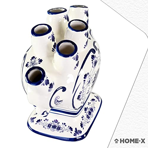 Home-X Ceramic Flower Vase – 6-Port Bud Ivory Vase – Unique Decorative Flower vase for Living Room, Bedroom, Kitchen, or Office (White & Blue)