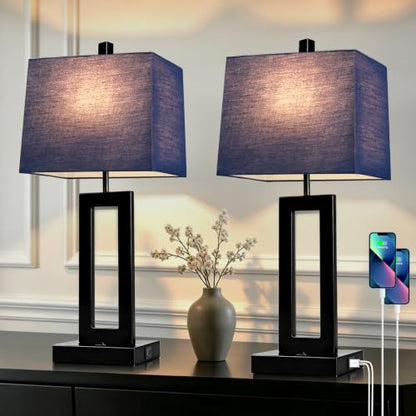 Cinkeda Blue Bedside Table Lamp Set of 2, Nightstand Lamps with USB Ports - color: E.Blue&Black
