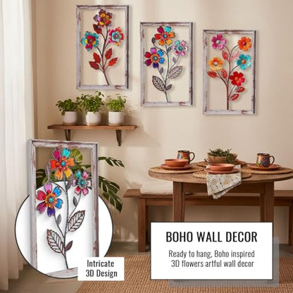 Newinhome 3 Pieces Metal Flowers Wall Art, 3D Boho Flower Wall Decor