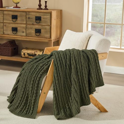 Dark Khaki Cable Knit Throw Blanket,Extra Thick Cozy Sofa Blanket 50x60 - color: Olive Green, size: 50"x60"