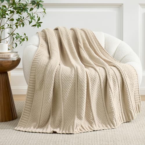 Amélie Home Chenille Knit Throw Blanket, Sandy Beige 50"x60" - color: Sandy Beige, size: 50" X 60"