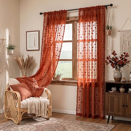 MYSKY HOME Terracotta Boho Sheer Curtains with Pom Pom 50Wx84L,2 Panels - color: Terracotta, size: 50"W x 84"L (Pack of 2)