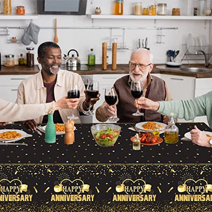 Tevxj 3 Pack Happy Anniversary Tablecloth Disposable Anniversary Party Decorations Black Gold Dot Confetti Table Covers Party Supplies for Rectangle Tables Favors for Guests 54 x 108 Inch - style: Happy Anniversary
