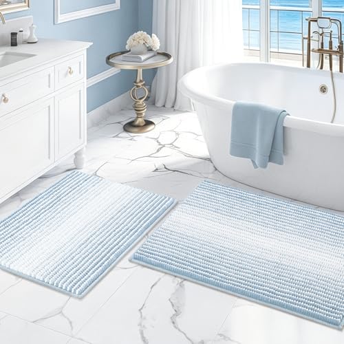 BSICPRO Bathroom Rugs Sets 2 Piece, Non Slip Striped Bath Mats, Ice Blue - color: Ice Blue, size: 20" x 32" Plus 16" x 24"