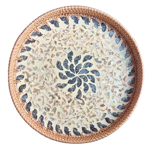 12'' Round Rattan Tray, Home Decor with Mother of Pearl Inlay, Terrekraft - color: Lucky Flower, size: 12"