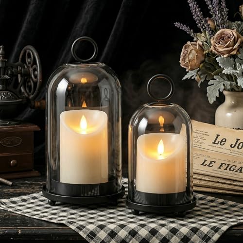 Hurricane Candle Holders Set of 2-10" & 7.8" Black Metal Base with Glass Dome, Includes 2 Pillar Candles, Hanging or Tabletop Centerpiece (Batteries Not Included)