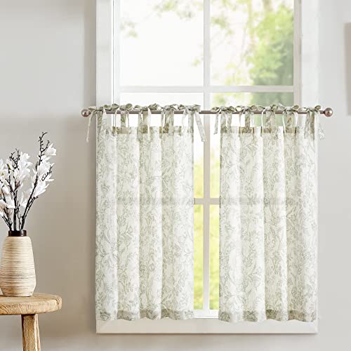 jinchan Linen Kitchen Curtains Floral Printed Tier Curtains 24 Inch Length Farmhouse Cafe Drapes for Small Windows Tie Top Botanic for Country Laundry Room Bathroom RV 2 Panels Sage Green on Beige - color: Devon Sage Green on Linen, size: 26"W x 24"L (Pac
