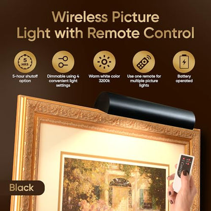 Concepdesigns Picture Light, Battery Operated Picture Light, Dimmable Wireless Picture Lights for Wall, Art Light, Library Light Battery Operated with Remote Control - 18 inches, Matte Black - color: Matte Black, size: 18 inch