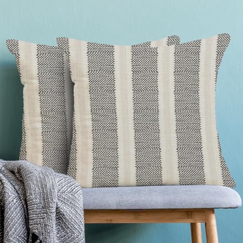AEIOAE Black Pillow Covers 16 x 16 Inch, Beige Boho Polka Dots Striped Decor Throw Pillows for Couch Bed, Geometric Modern Farmhouse Outdoor Decorative Pillowcase Linen Cushion Cover Set of 2 - color: Black Beige, size: 16" x 16" (Pack of 2)