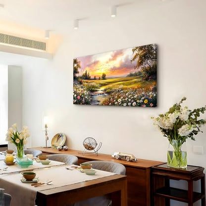 crmotu Nature Landscape Wall Art, Sunset Wildflowers Pictures 20X40 In - color: River Flowing Sunset, size: 40"L x 20"W