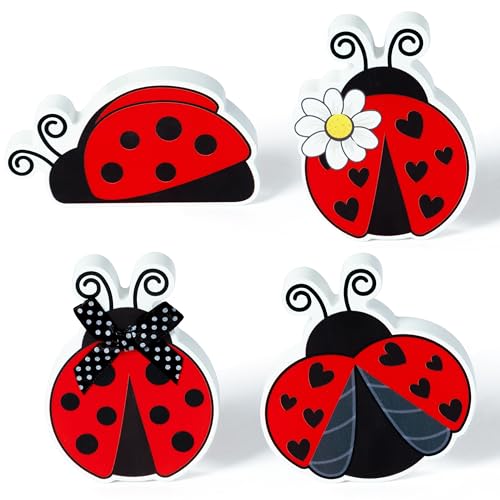 WATINC 4PCS Ladybug Tiered Tray Decor, Spring Summer Wooden Table Centerpiece Sign, Double-sided Ladybug Printed Wood Tabletop Sign, Ladybird Farmhouse Rustic Party Decoration for Holiday Home Kitchen - style: Ladybug