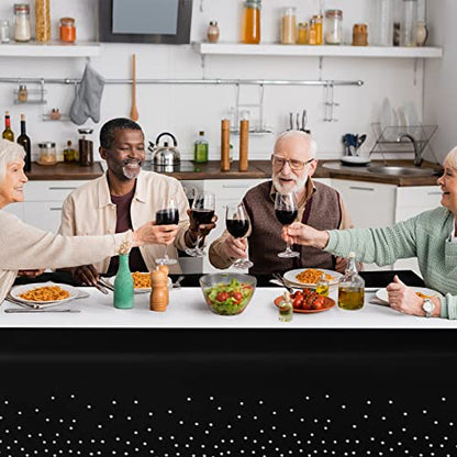 8Pack Disposable Plastic Tablecloths and Satin Table Runner Set Black and Silver Dot Tablecloth Silver Satin Table Runner for Wedding Birthday Baby Shower Anniversary Christmas New Year Party Supply - color: Black and Silver, size: 8 Pack