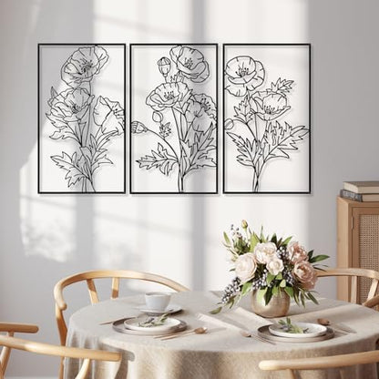 Therwen 3 Pcs Black Metal Wall Art Minimalist Wall Decor for Bedroom Flowers Decor Hanging Flower Bathroom Art Flower Line Sculpture Kitchen Decoration 16.5 x 9.8 Inch - style: Chic Style