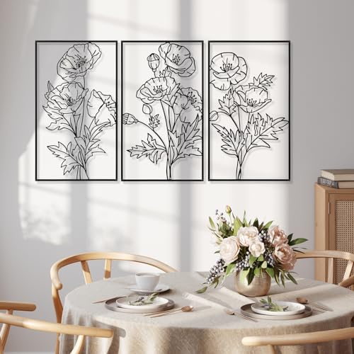 Therwen 3 Pcs Black Metal Wall Art Minimalist Wall Decor for Bedroom Flowers Decor Hanging Flower Bathroom Art Flower Line Sculpture Kitchen Decoration 16.5 x 9.8 Inch - style: Chic Style
