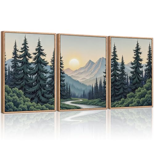 HLNIUC Mountain Forest Sun Framed Wall Art,Large Boho Pine Tree Canvas Wall Decor Set of 3(16”x24”)Ridge Mountain Landscape Picture Prints,Natural Sunset Woodland Wall Painting for Living Room,Bedroom - color: Mountain Forest, size: 16"L x 24"W