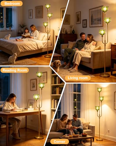 3-Light Glass Floor Lamp 66IN Modern Green Glass Gold Dimmable Floor Lamps - color: Green Tulip-Gold