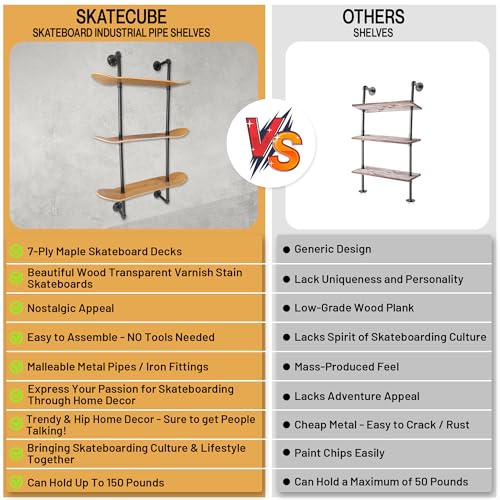 Industrial Pipe Floating Shelf, 3 Tier, Skateboard Decks, Easy Assembly - size: 3 Tier Shelf
