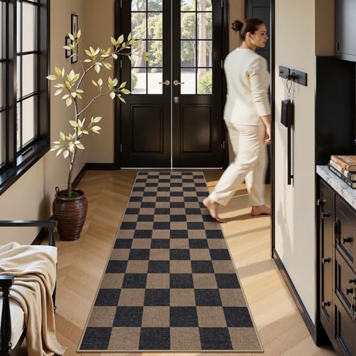 Lahome Checkered Easy Jute Kitchen Runner Rug, 2x8 Outdoor Rugs Washable - color: Chocolate Brown/Checkerboard -1, size: 2'6" x 8' (Runner)