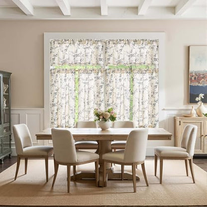 jinchan Black Linen Floral Kitchen Tier Curtains and Valance Set 3 Pieces - color: Alisa | Black on Linen, size: 26"W x 36"L (Pack of 3)