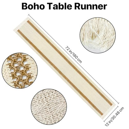 Round Woven Placemats Set of 4, with 72 Inches Long Farmhouse Macrame Table Runner Burlap Cotton Linen Table Runners Chargers for Dinner Plates, Beige & Brown - color: Beige & Brown, size: 12 x 72 Inches, 4Pcs Round