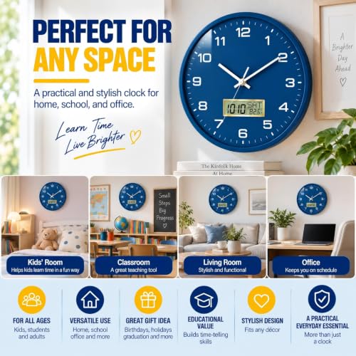 12 Inch Analog & Digital Wall Clock with Date for Office & Home