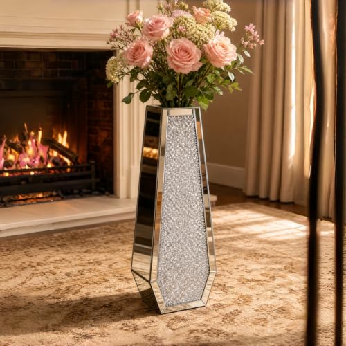 30" Large Double Sided Crushed Diamond Vases,Six Sided Diamond Shape Vase,Tall Silver Mirrored Vase for Floor, Crystal Decorative Vase for Home,Office,Hotel (Silver,10.6" Lx5.3 W x30 H)