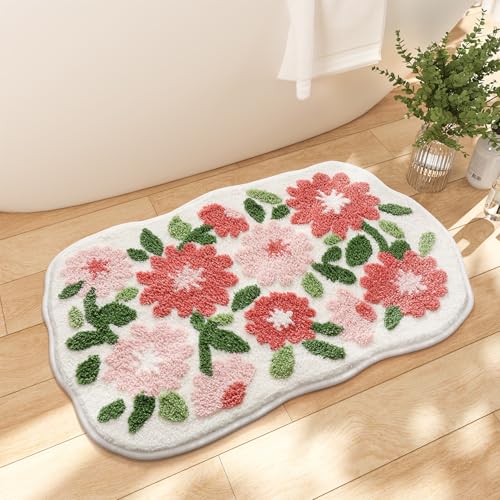 Absorbent Bath Rugs Mat - Extra Thick Bathroom Rug, Non-Slip Soft Plush Mat for Bathroom and Bedroom, Machine Washable, Pink Flowers, 16" x 24" (40 x 60 cm) - color: Pink Flowers, size: 1'4" x 2' (Rectangular)