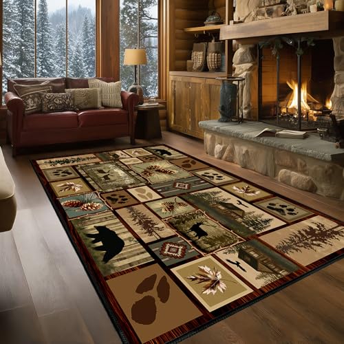 Cabin Rustic Rug 5x7,Deer Country Wildlife Bear Area Carpet - size: 5'x7'