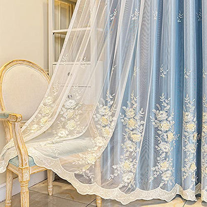 Amidoudou 1 Pair European 3D Flower Luxury Embroidered Curtains Double Layer Curtains with Valance for Living Room Bedroom (Blue,52x84 Inch) - color: Blue, size: 52"W x 84"L (Pack of 2)