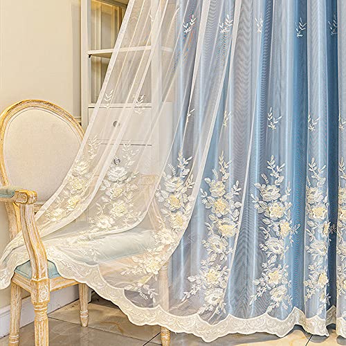 Amidoudou 1 Pair European 3D Flower Luxury Embroidered Curtains Double Layer Curtains with Valance for Living Room Bedroom (Blue,52x90 Inch) - color: Blue, size: 52"W x 90"L (Pack of 2)
