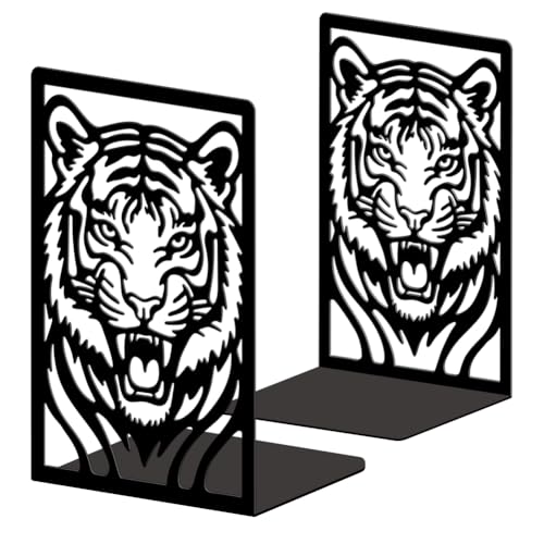 Peacoblue 5.3"x4.3"x7.9" Metal Bookends, Heavy Duty Book Ends for Shelves - style: Tiger Head