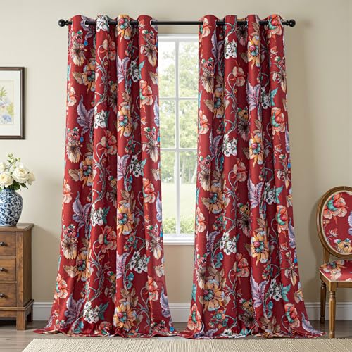 MYSKY HOME Terracotta Floral 95% Blackout Curtains 84 Inches Long for Living Room Dining Rooom Thermal Insulated Light Blocking Drapes Grommet Country Coquette Window Panels for Home, 2 Pcs, 52" Wide - color: Terracotta, size: 52"W x 84"L (Pack of 2)