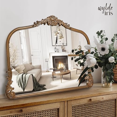 Wylde Iris English Estate Carved Arch Wood Wall Mirror, Mirror for Entryway, Living Room, Bathroom, Antique Gold, 26x37 - color: Antique Gold, size: 26"L x 37"W