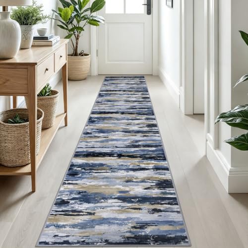 Abstract Washable Runners for Hallway 2x10 Runner Rug Non Slip - color: Navy / Blue / Taupe, size: 2' x 10' (Runner)