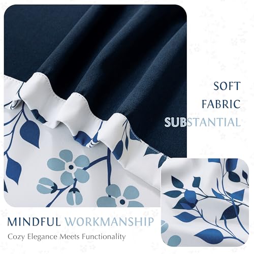 Beauoop Floral 100% Blackout Curtains for Bedroom Navy Blue 52X84 2 Panels