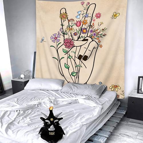 Peace Love Beige Tapestry Abstract Hand Flower Botanical Line Wall Hanging - color: Abstract Hand, size: 59"L x 51"W