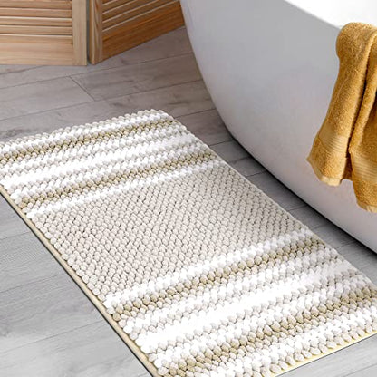 PiccoCasa Chenille Striped Bathroom Rug, Non Slip 20x32 Khaki & White - color: Khaki & White, size: 1'8" x 2'8" (Rectangular)