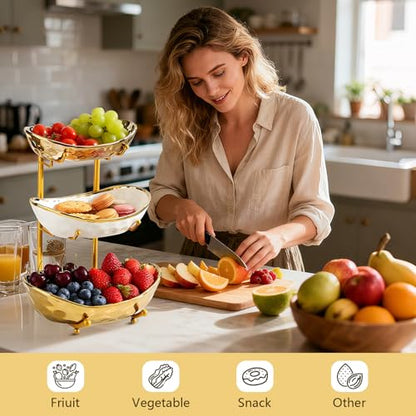 Gets 3 Tier Fruit Bowl Ceramic Metal Stand Tiered Serving Tray Gold - color: Gold