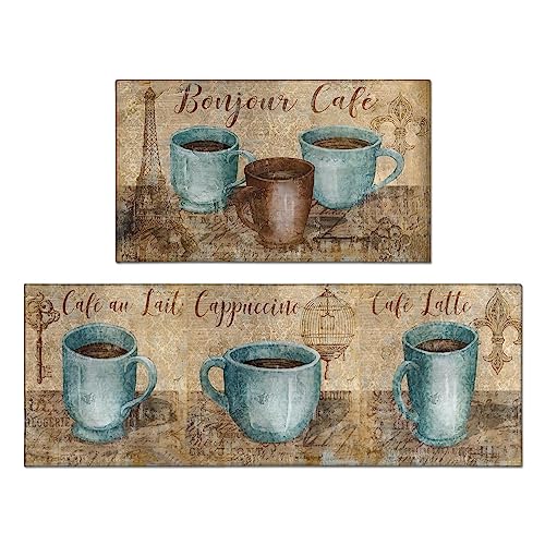 Farmhouse Kitchen Rug Sets of 2 Piece Non Slip Kitchen Rugs and Mats Washable Kitchen Mats for Kitchen Floor Mat Carpet Runner Rugs for Hallway Laundry Decor 17"x30"+17"x47" - color: Coffee, size: 17" x 30" + 17" x 47" (Set of 2)