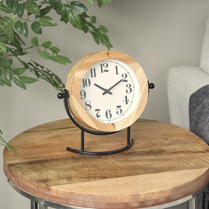 Deco 79 Wood Clock with Curved Black Metal Stand and Ball Details, 10" x 3" x 10", Light Brown