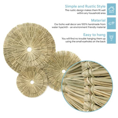 VATIMA Boho Wall Décor – Simple Oversized Wall Basket Décor for Home and Office – Seagrass Wicker Basket Wall Décor Set – 3pcs Flat Baskets – Easy to Hang – Handmade Design – Small/Medium/Large