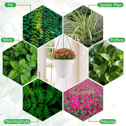 8 Inch Hanging Planters Indoor Outdoor, 3 Pack Plastic Self Watering Plant Pots with Drainage Holes & Saucers, Hanging Baskets Flower Pots with Chain for Ivy, Spider Plant, Pothos, Ferns - color: White