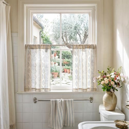 jinchan Linen Striped Tier Curtains for Kitchen Windows Boho - color: Boho Blue | on Beige, size: 26"W x 20"L (Pack of 2)