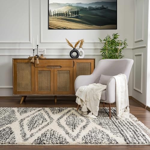 Hauteloom Berber Shag Collection - Fishhook Farmhouse Entryway, Bedroom, Kitchen Shaggy Runner Rug with Tassel - Fluffy Plush High Pile Carpet - Southwestern Tribal Style - Beige, Black - 2'7" x 7'3" - color: Light Brown, Black, White / Fishhook Fishh, si