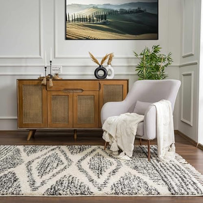 Hauteloom Berber Shag Collection - Fishhook Farmhouse Entryway, Bedroom, Kitchen Shaggy Runner Rug with Tassel - Fluffy Plush High Pile Carpet - Southwestern Tribal Style - Beige, Black - 2'7" x 7'3" - color: Light Brown, Black, White / Fishhook Fishh, si