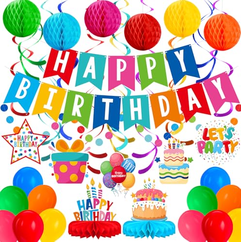 Happy Birthday Decorations Kit: Happy Birthday Banner,Birthday Circle Confetti Garland, Swirl Streamers, Honeycomb Balls, Birthday Balloons and Honeycomb Centerpiece for Kids' Birthday Party Supplies - style: BIRTHDAY